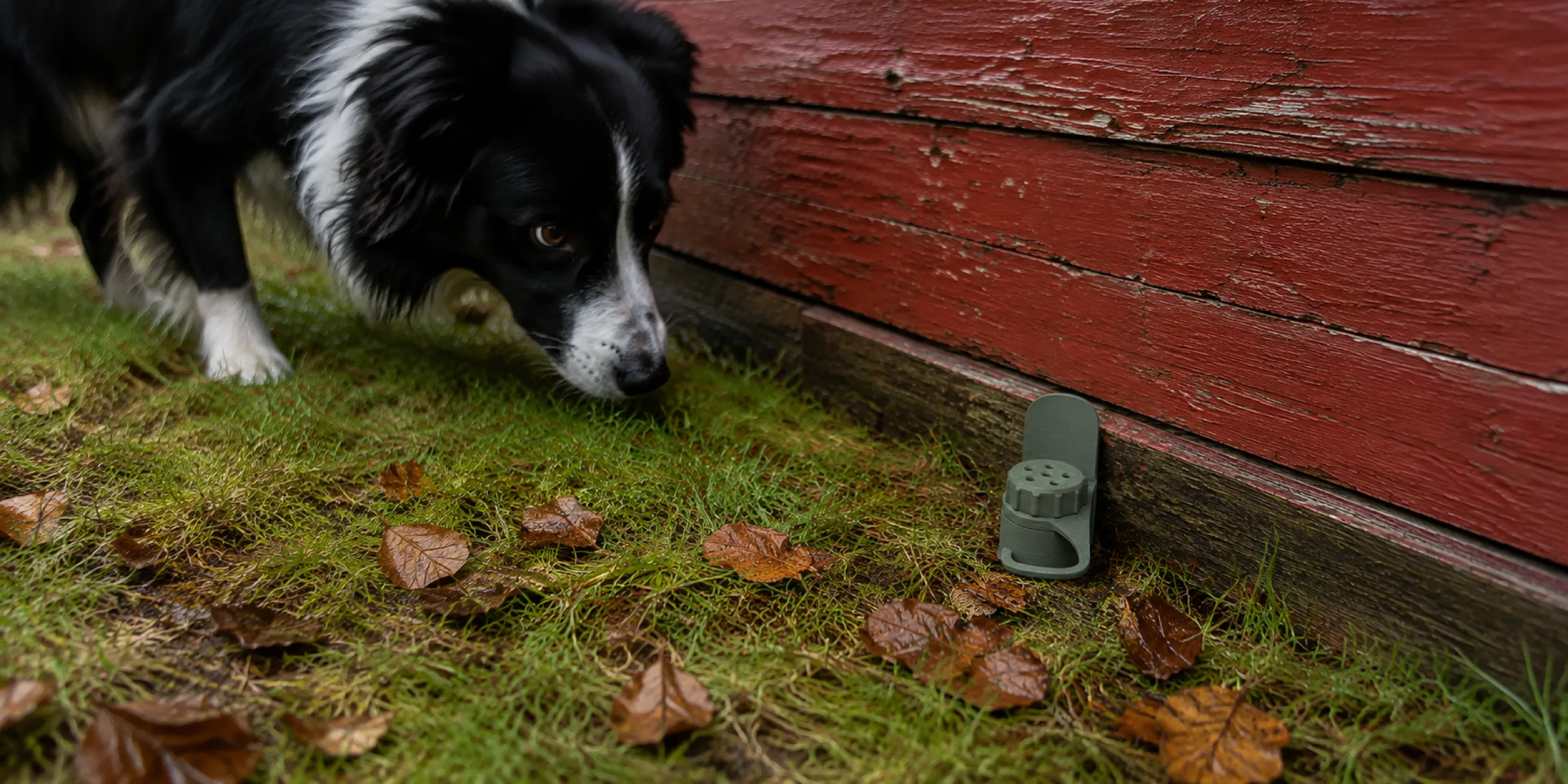 Border collie med nesen i gresset foran et rødt gjerde, en olivengrønn Nosework Multisett står ved gjerdefoten